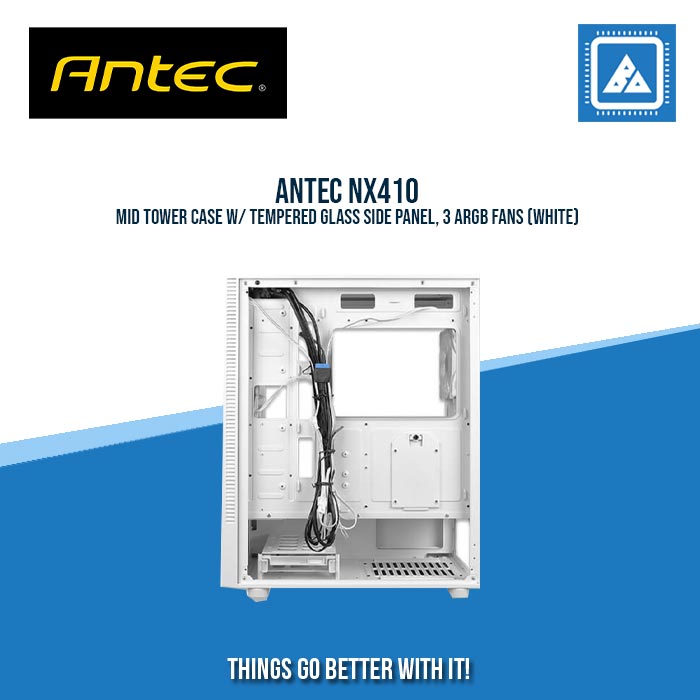 ANTEC NX410 MID TOWER CASE W/ TEMPERED GLASS SIDE PANEL, 3 ARGB FANS (WHITE) ANTEC NX410 MID TOWER CASE W/ TEMPERED GLASS SIDE PANEL, 3 ARGB FANS (WHITE)